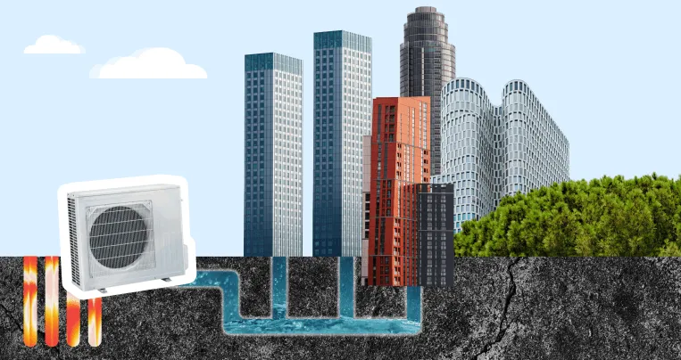 Più edifici collegati a un anello interrato condiviso a bassa temperatura con un campo sonde comune